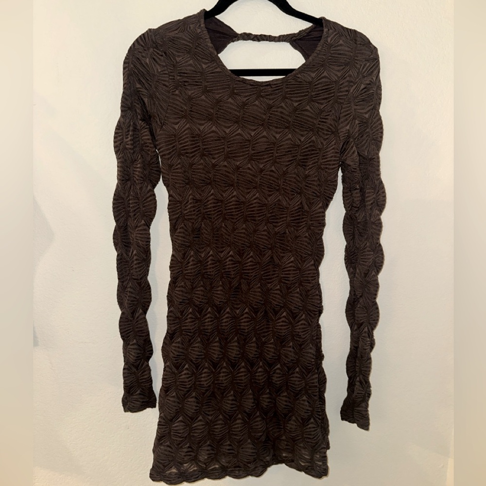 XS Free People Long Sleeve Backless Brown Textured Mini Dress